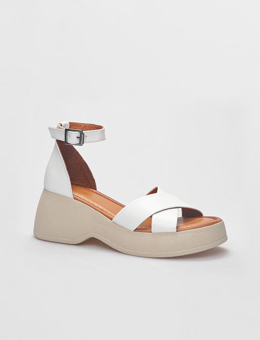 Women White Genuine Leather Ankle Strap Sandals