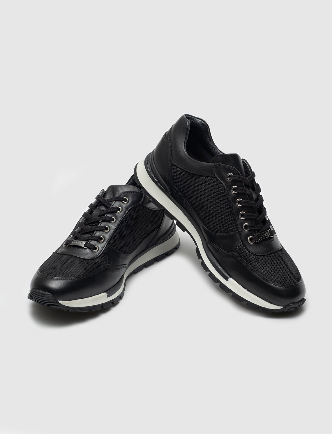 Men Black Genuine Leather Panel Detailed Lace Up Sneakers
