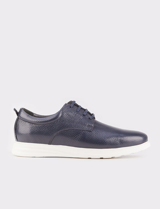 Men Navy Blue Genuine Leather Lace Up Casual Shoes
