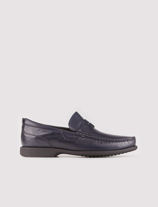 Men Navy Blue Genuine Leather Slip On Penny Loafers