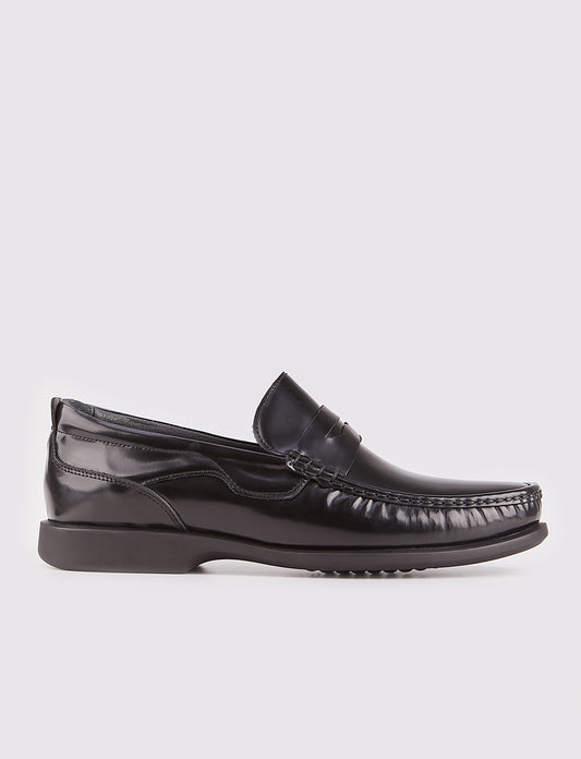 Men Black Genuine Leather Slip On Penny Loafers