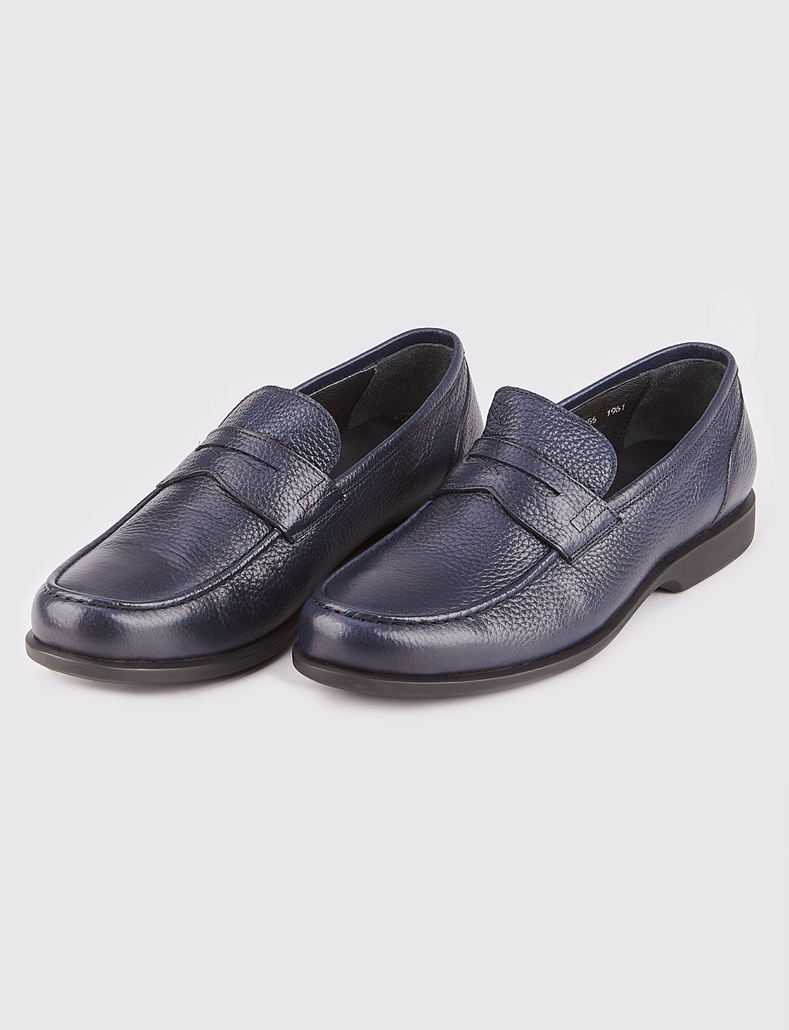 Men Navy Blue Genuine Leather Round Toe Penny Loafers