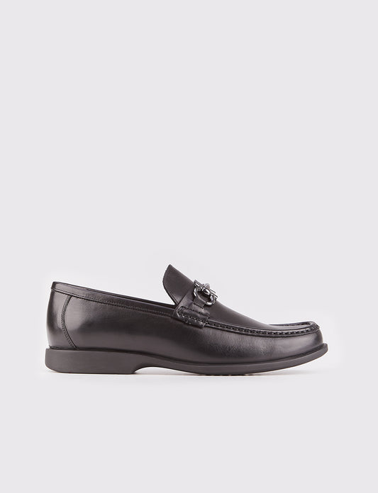 Men Black Genuine Leather Metal Decor Loafers