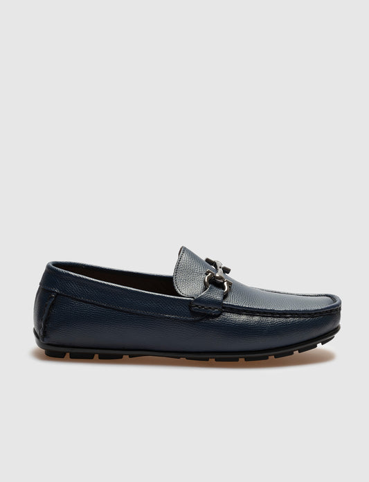 Men Navy Blue Genuine Leather Moc Toe Bit Loafers
