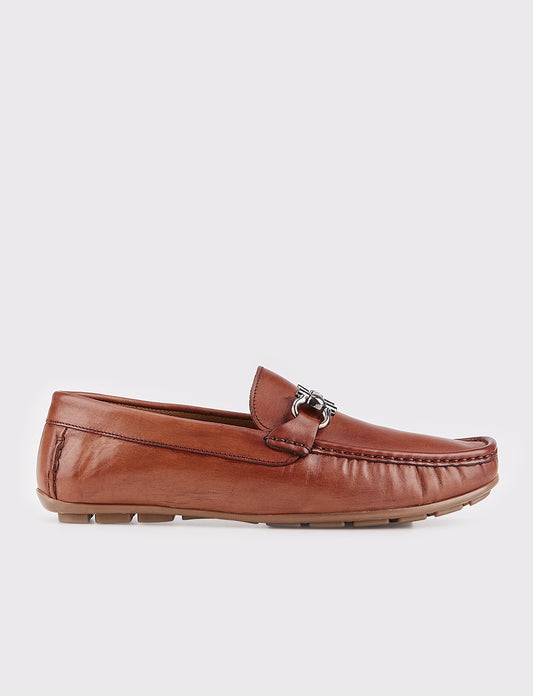 Men Brown Genuine Leather Moc Toe Bit Loafers