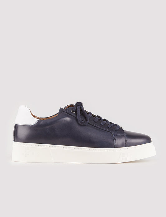 Men Navy Blue Genuine Leather Lace Up Sneakers