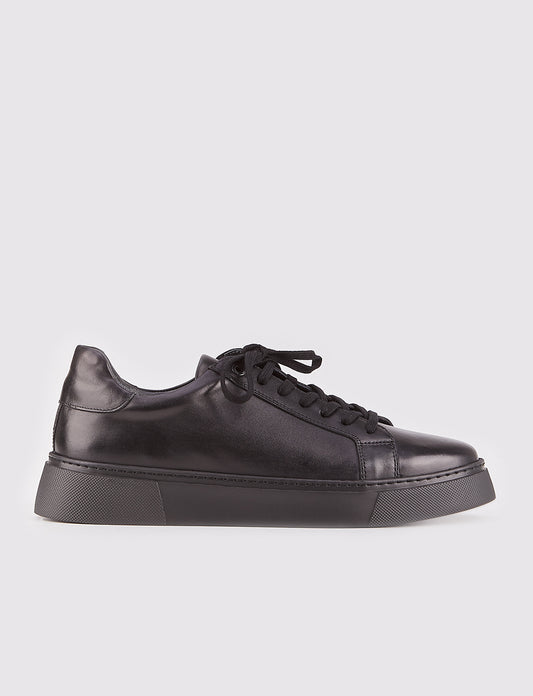 Men Black Genuine Leather Lace Up Sneakers