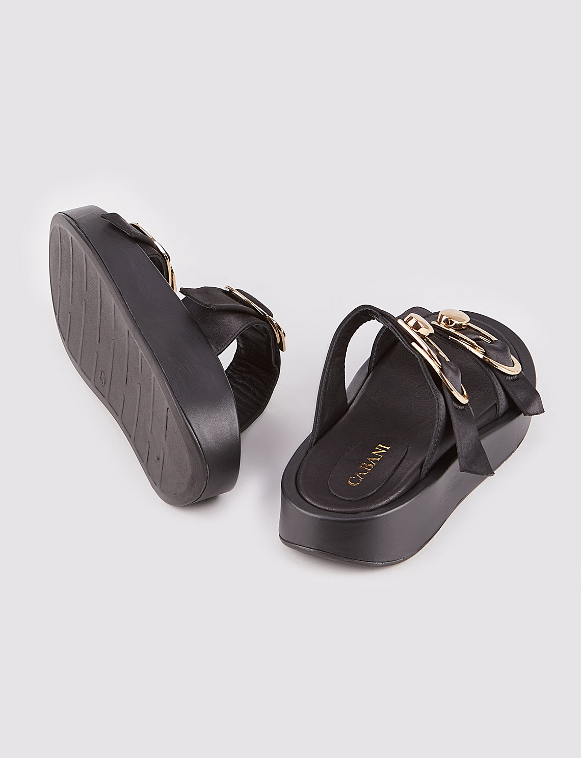 Women Black Genuine Leather Double Slide Slippers