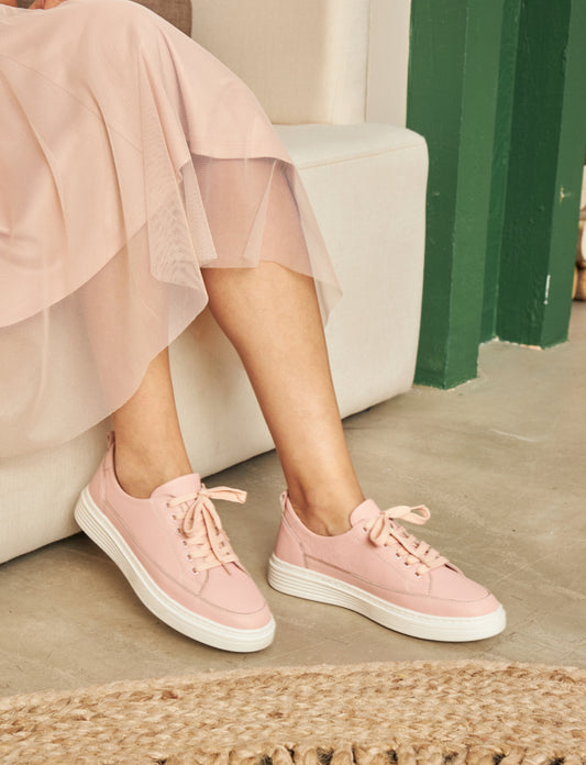 Women Pink Genuine Leather Low Top Lace Up Sneakers