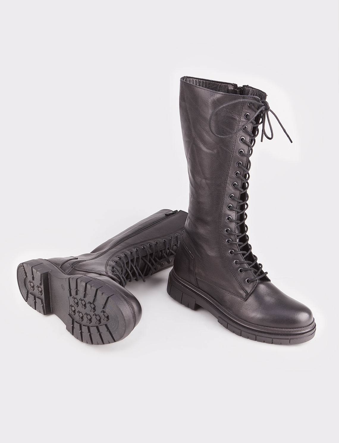 Women Black Genuine Leather Lace Up Boots