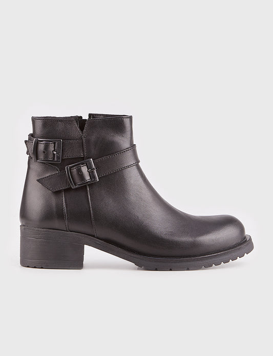 Women Black Genuine Leather Buckle Decor Heeled Boots