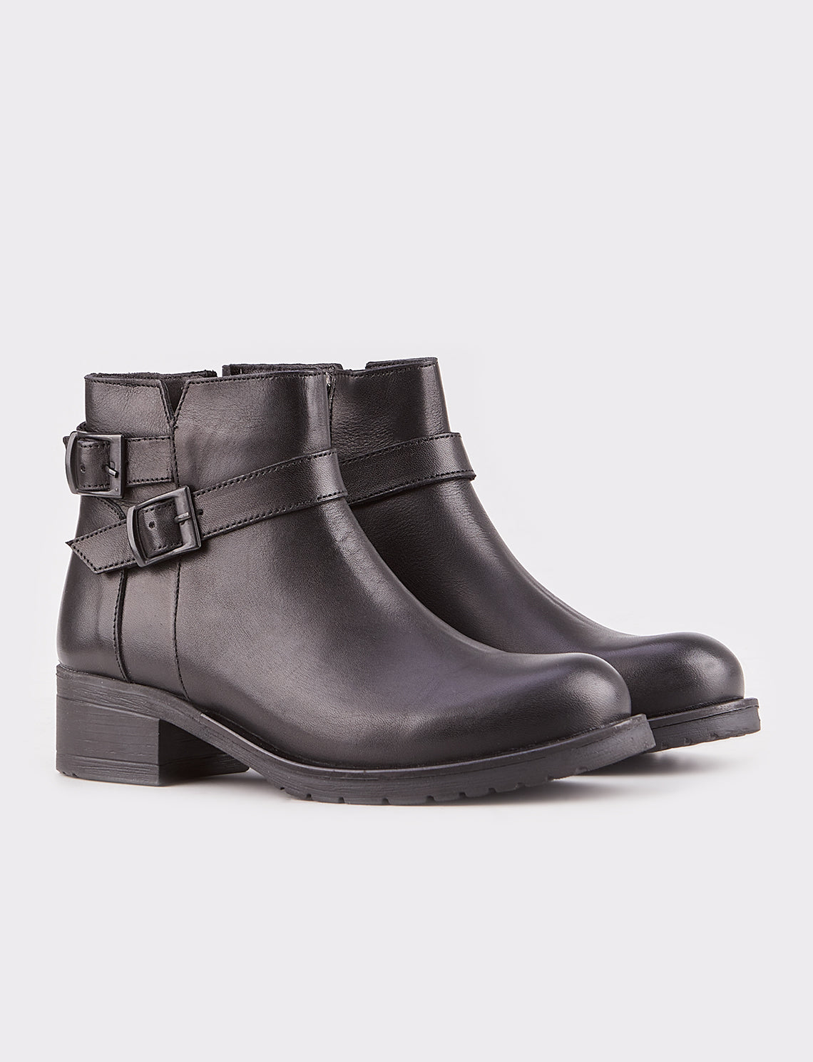 Women Black Genuine Leather Buckle Decor Heeled Boots
