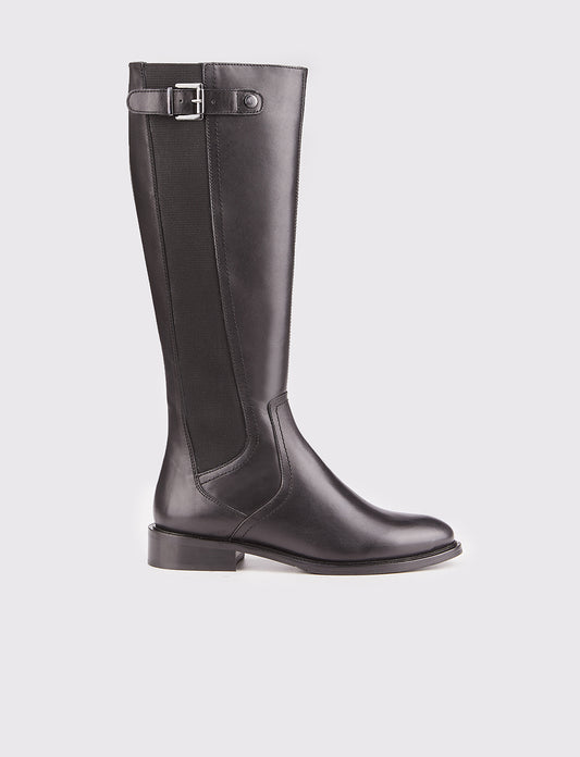 Women Black Genuine Leather Buckle Decor High Knee Boots
