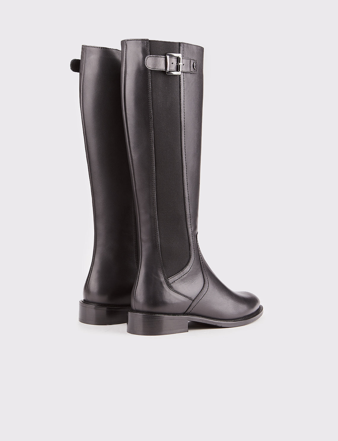 Women Black Genuine Leather Buckle Decor High Knee Boots