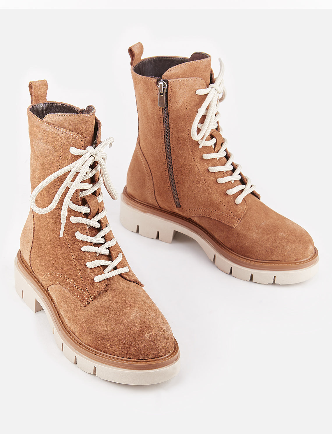 Women Tan Suede Genuine Leather Combat Boots