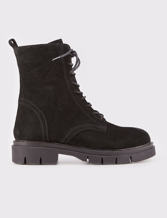 Women Black Suede Genuine Leather Combat Boots