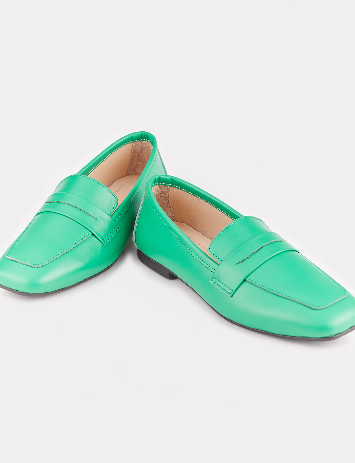 Women Green Genuine Leather Square Toe Flat Shoes