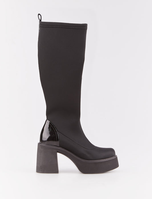 Women Black Chunky Heel Side Zipper Sock Boots