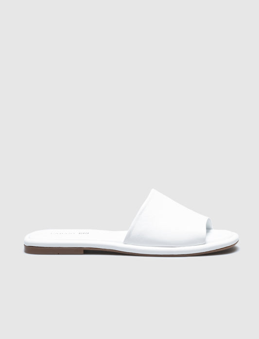 Women White Genuine Leather Plain Slides