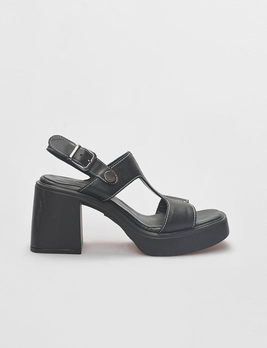 Women Black Genuine Leather Wedge Heel Sandals
