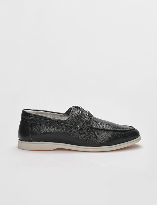 Men Black Genuine Leather Boat Shoes
