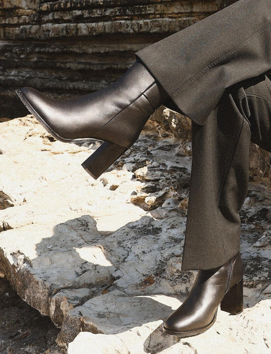 Women Black Genuine Leather Heeled Boots