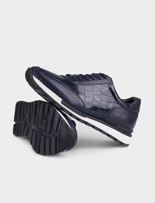 Cabani 460M1510 Erkek %100 Hakiki Deri Sneaker Ayakkabı 735 Lacivert Büyük Kroko-Laci Deri