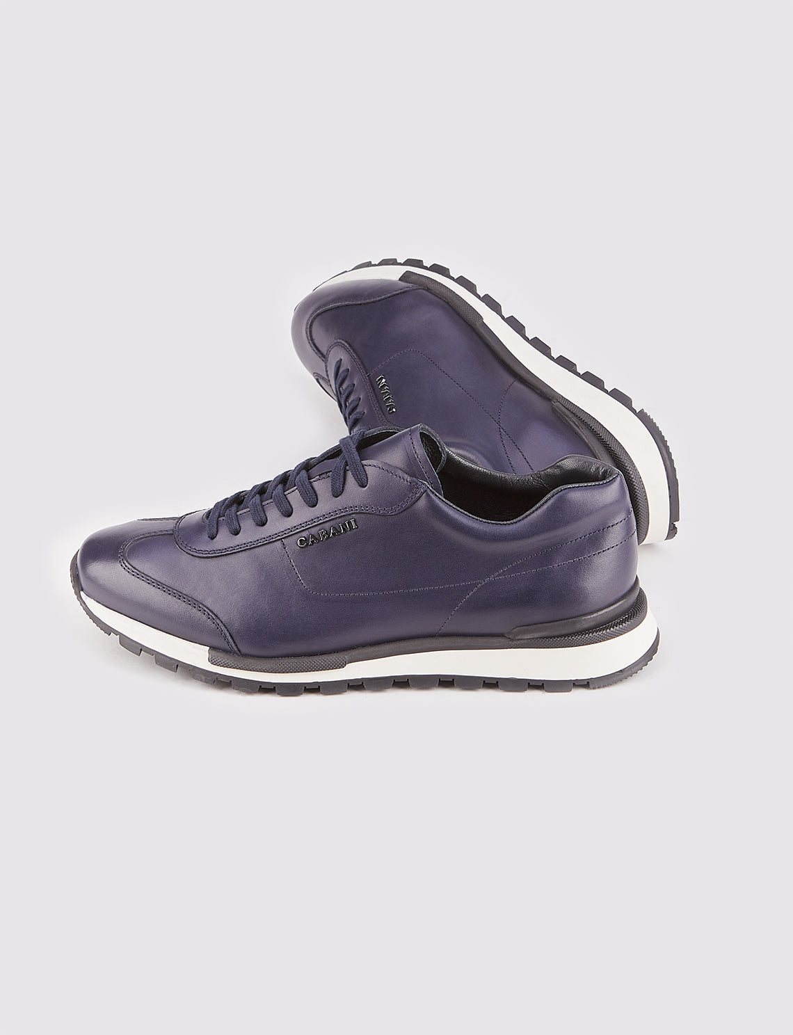 Men Navy Blue Genuine Leather Lace Up Front Sneakers