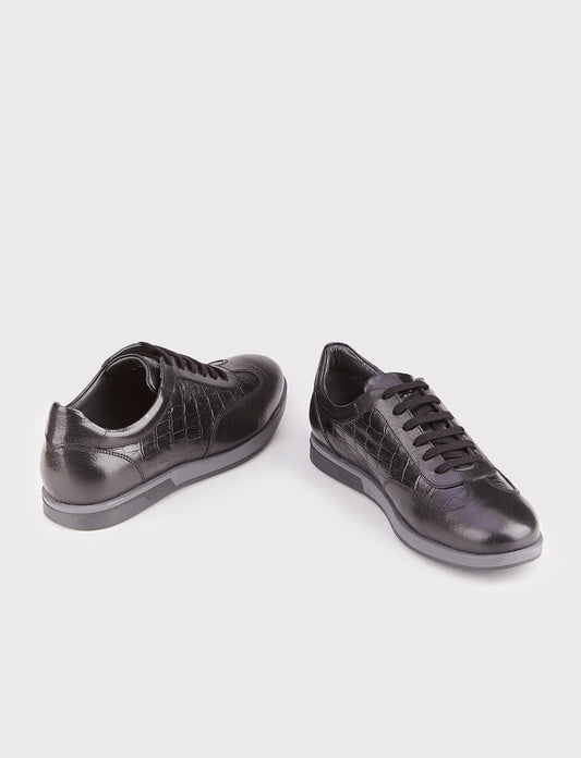 Cabani 323M1574 Erkek %100 Hakiki Deri Sneaker Ayakkabı 497 Siyah Yeni Kroko - Siyah Antik