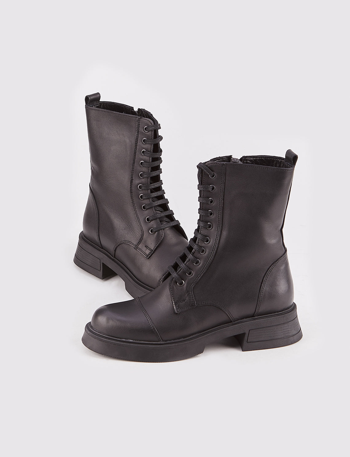 Women Black Genuine Leather Combat Boots