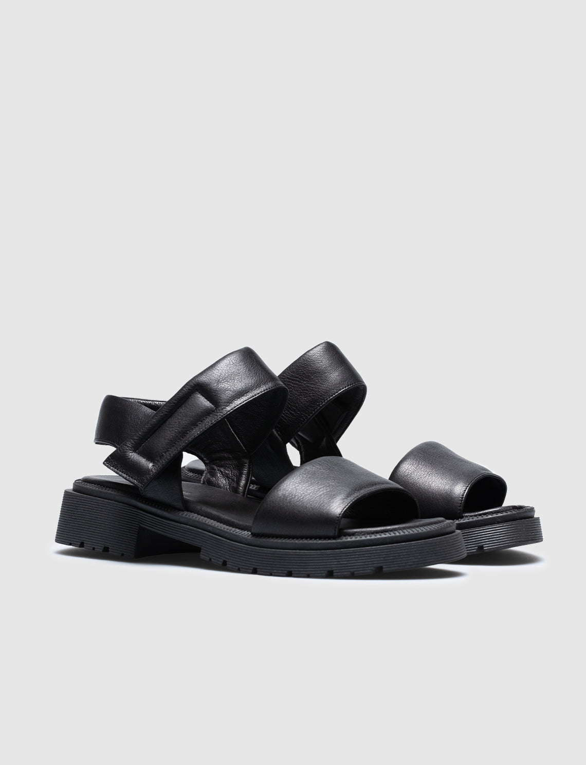 Women Black Genuine Leather Hook and Loop Sandals