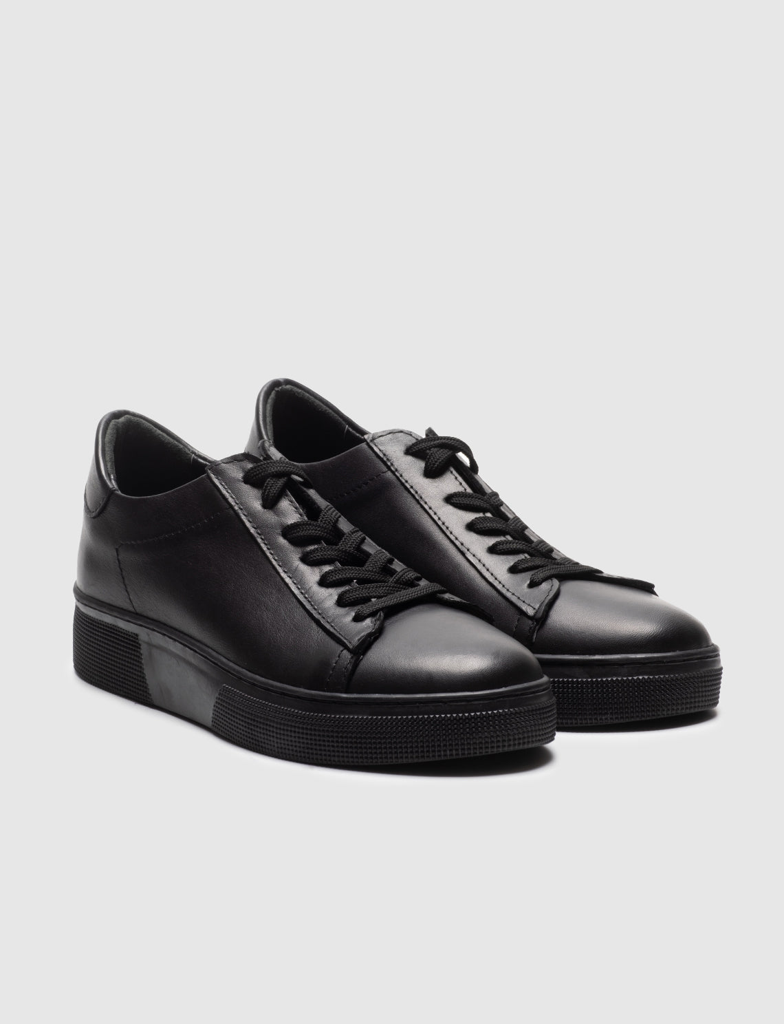 Women Black Genuine Leather Lace Up Sneakers
