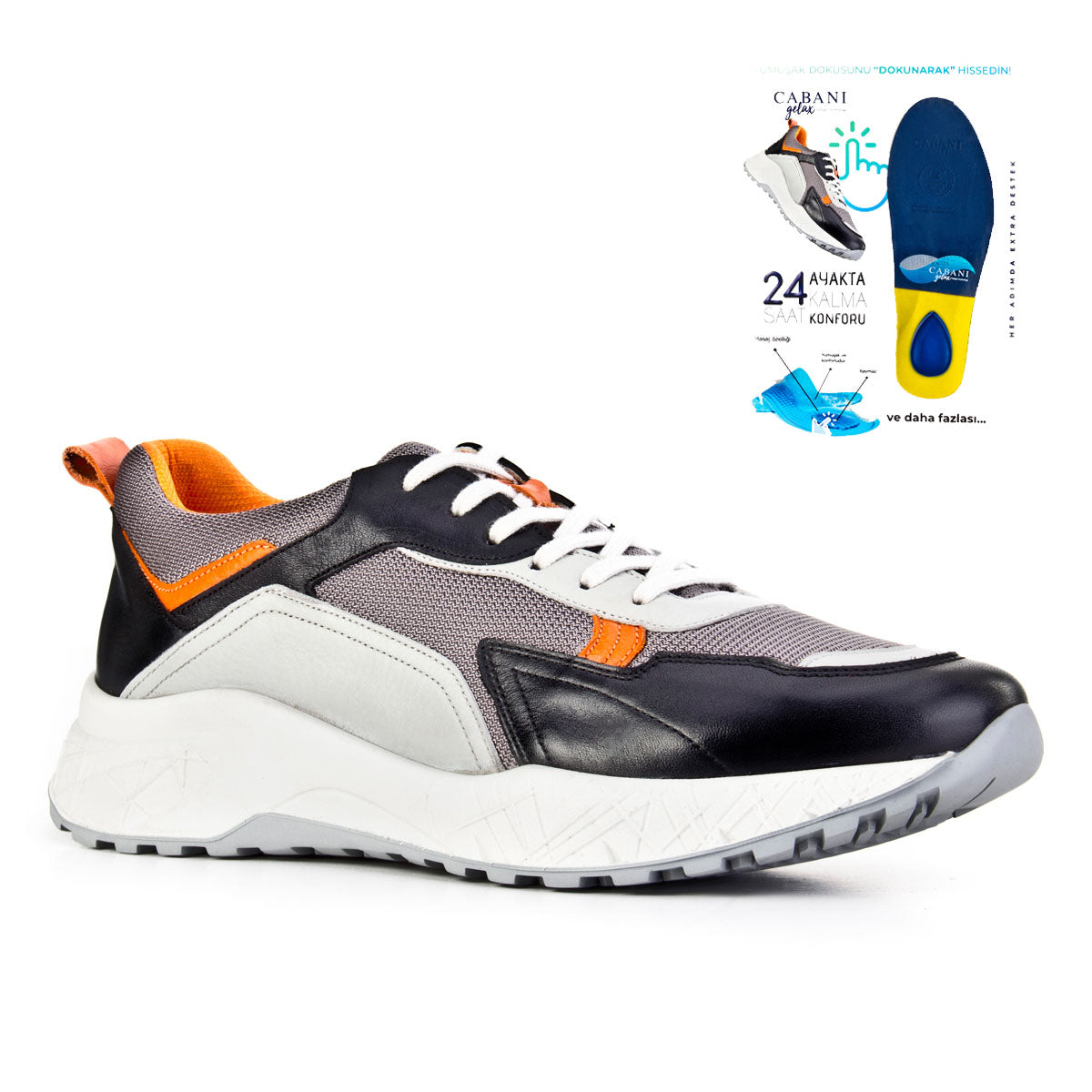Cabani 150B1391 Erkek %100 Hakiki Deri sneaker &spor 019 Siyah Antik - Turuncu Dikişli